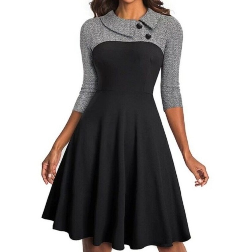 HOMEYEE BLACK GRAY HERRINGBONE PENCIL MIDI DRESS